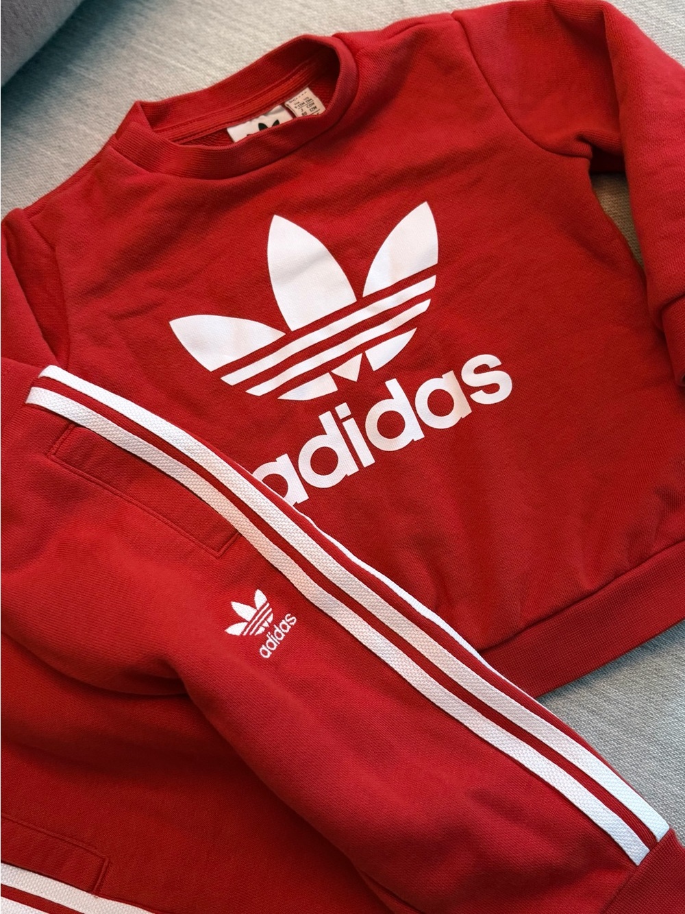 adidas 12M Red Trefoil Crewneck Sweatshirt and Jogger Set - Picture 2 of 4